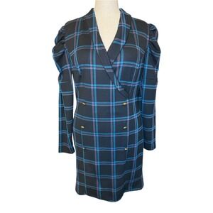 Venus Womens Plaid Double Breasted Blazer Dress Blue Pink Puff Sleeve 1X